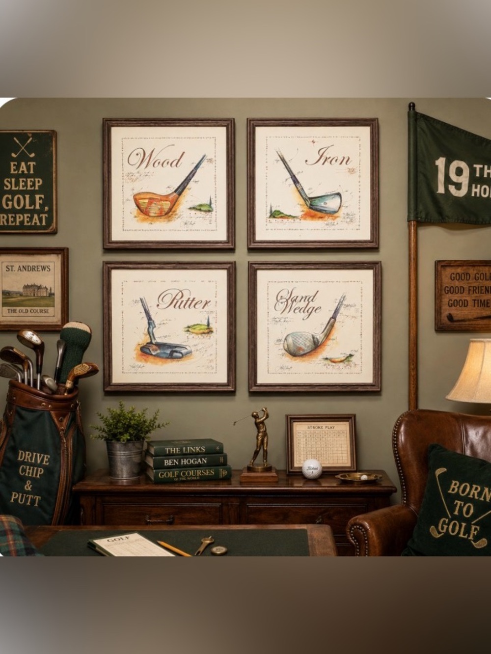 VTG Leslie G. Hunt golf watercolor prints Wood Sand Wedge Putter & Iron Full Set